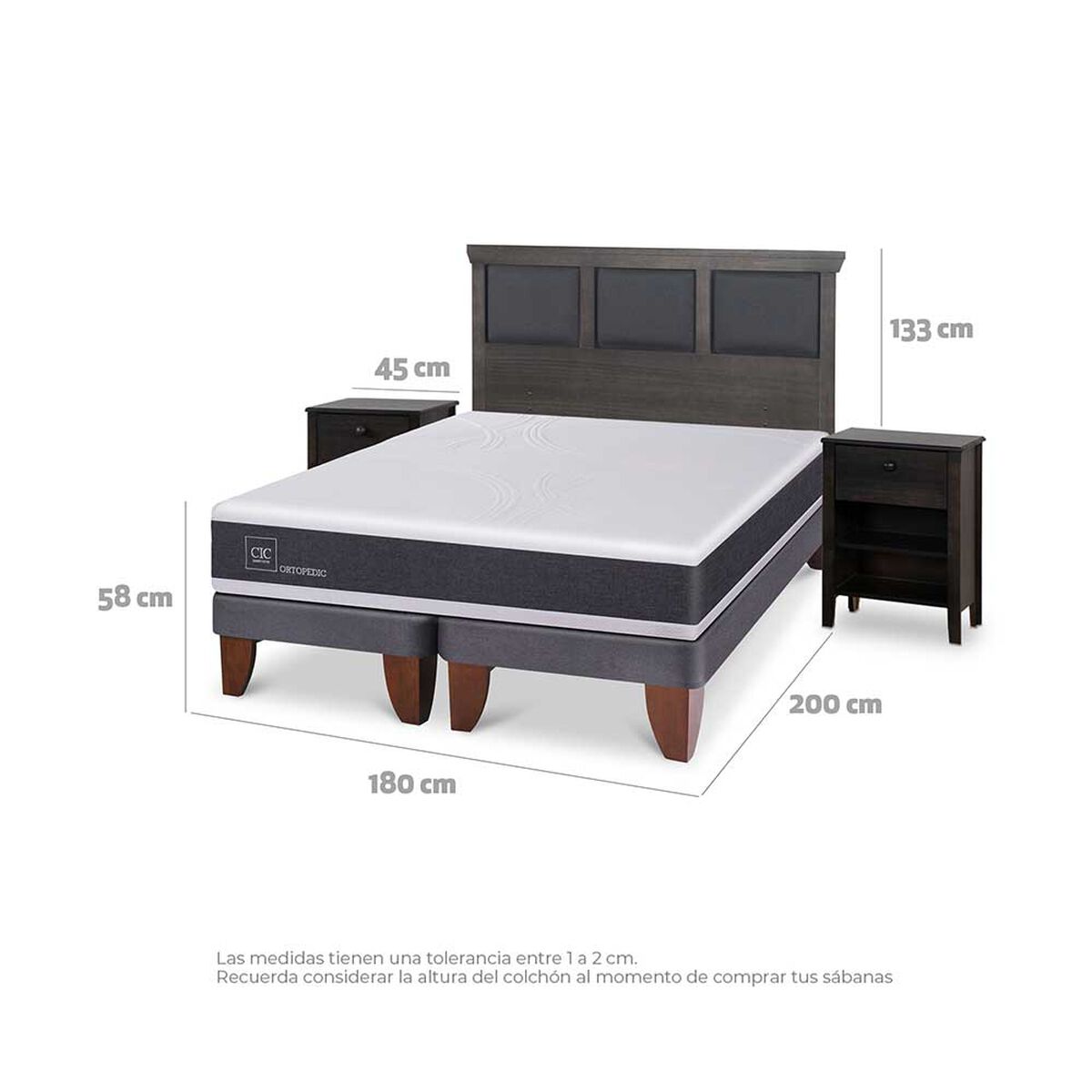 Cama Europea CIC Base Dividida King Ortopedic + Respaldo + 2 Veladores Torino