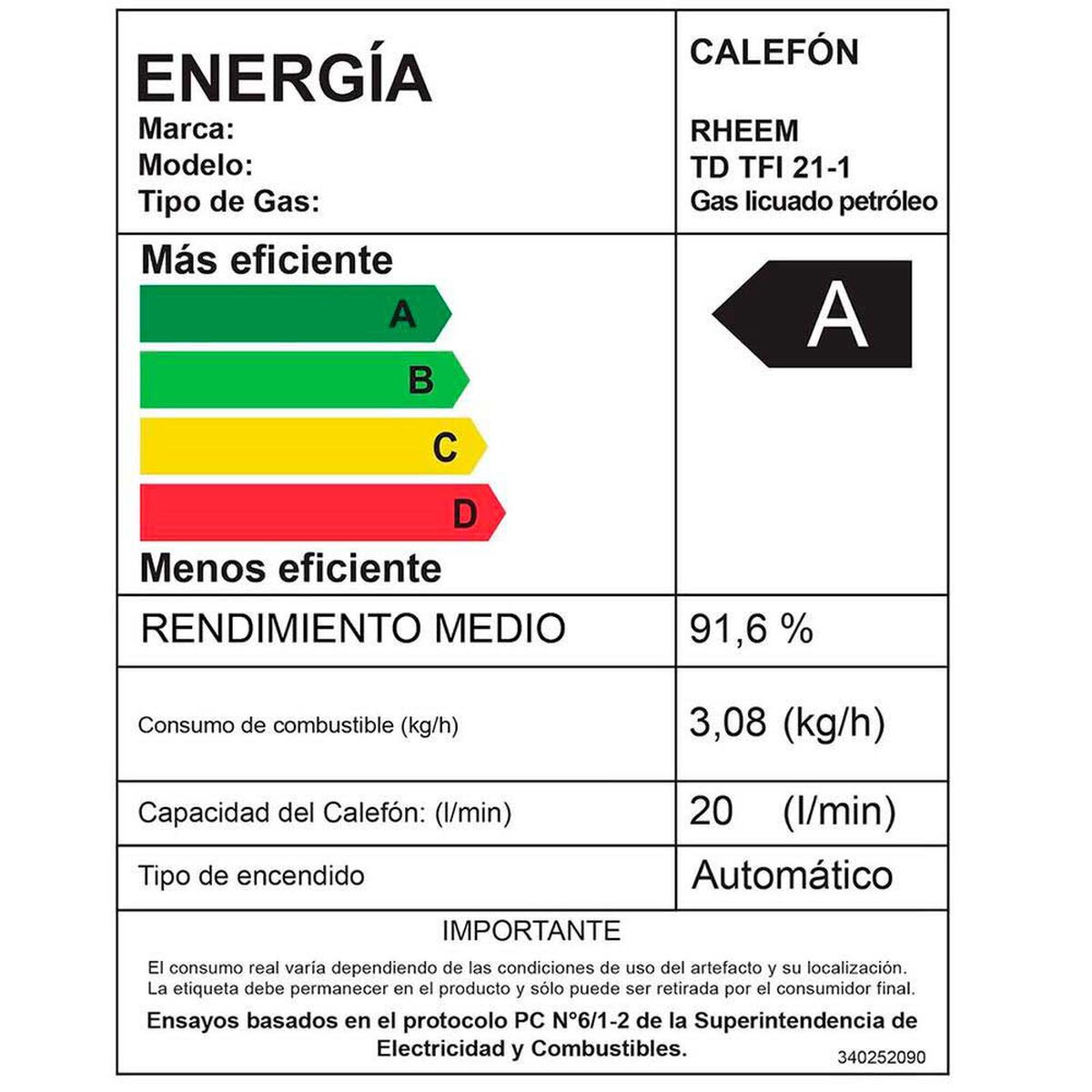 Calefont Gas Licuado Rheem Tiro Forzado Digital 21 lts.
