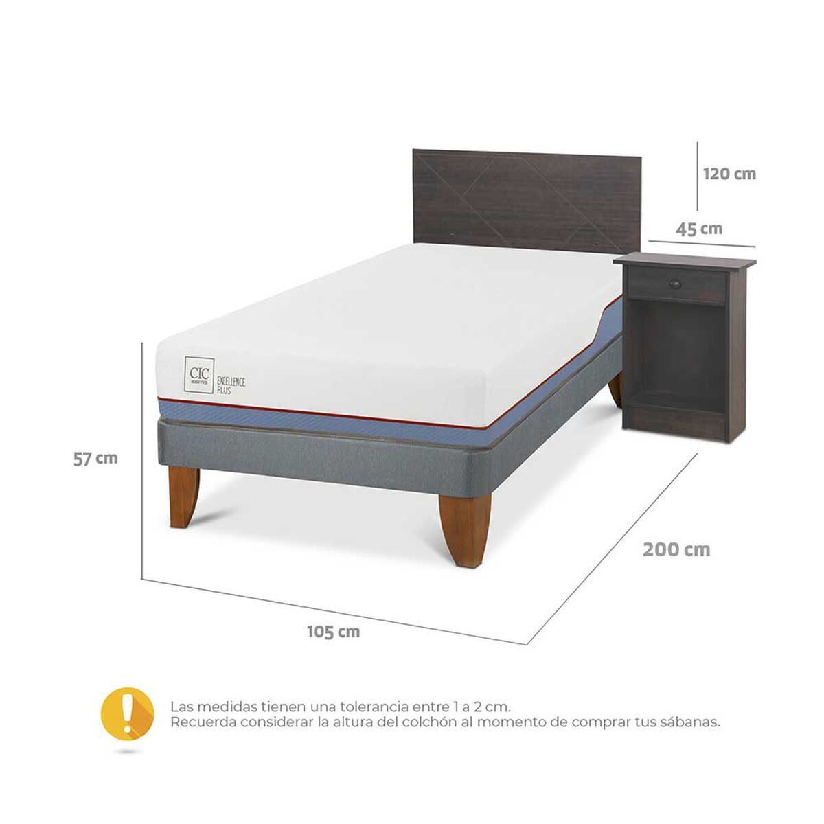 Cama Europea CIC 1,5 Plazas Excellence Plus + Respaldo + Velador Villarrica