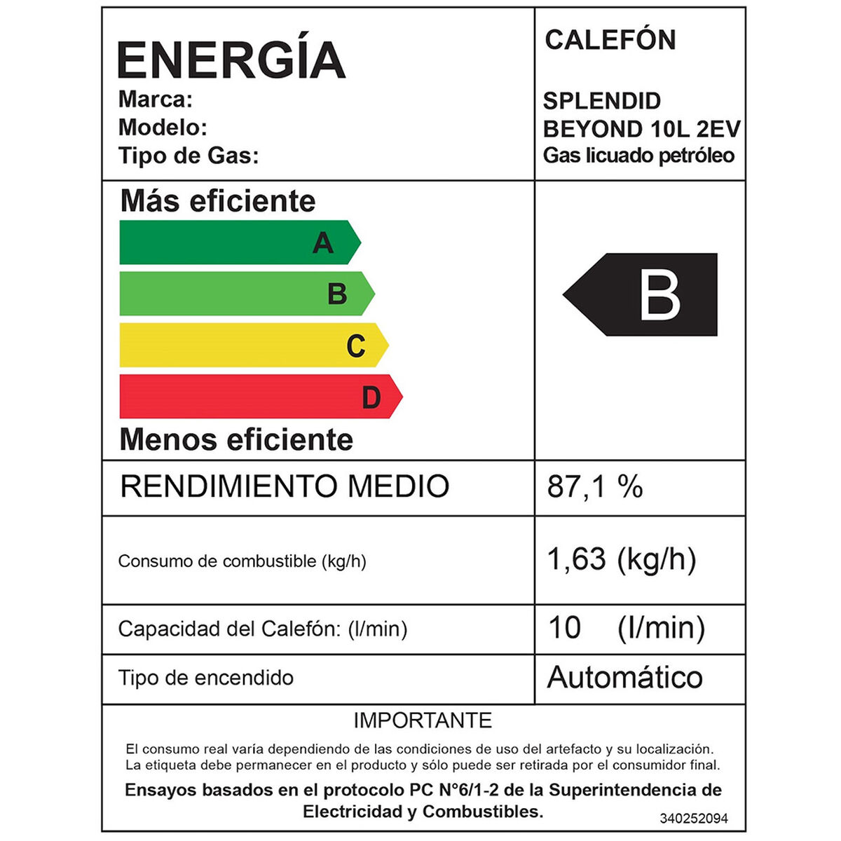 Calefont Gas Licuado Tiro Natural Splendid Ionizado 8 lts.