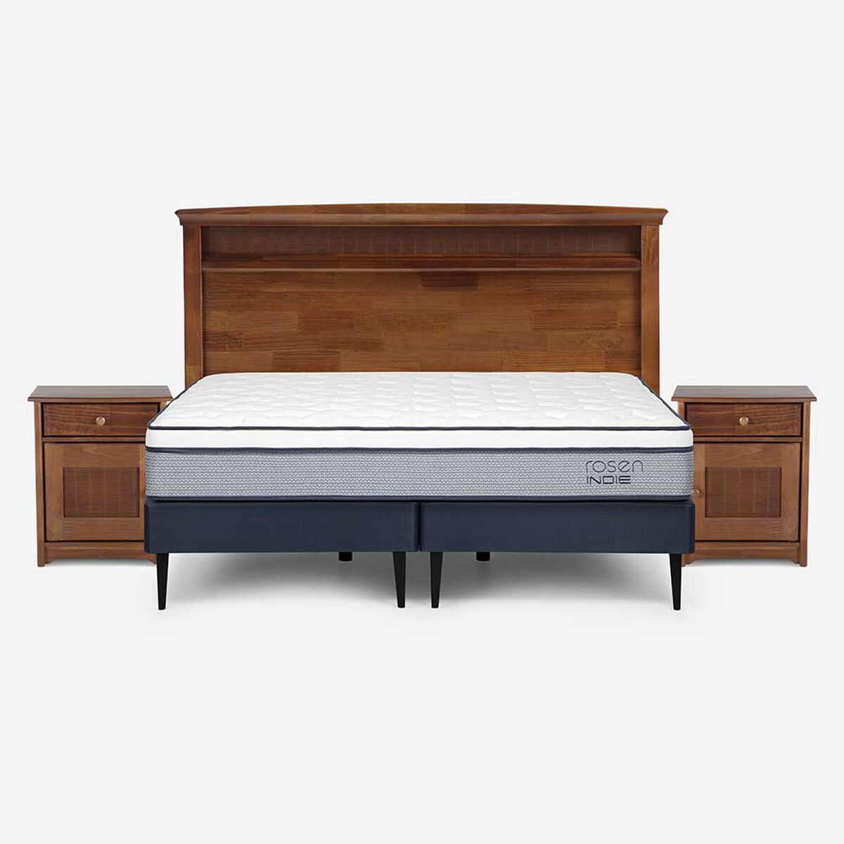Cama Europea Rosen Base Dividida 2 Plazas Indie + Respaldo + 2 Veladores Veneto