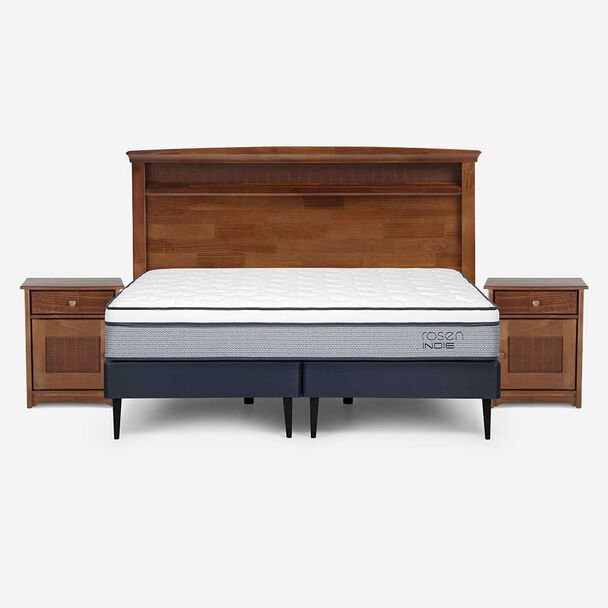 Cama Europea Rosen Base Dividida 2 Plazas Indie + Respaldo + 2 Veladores Veneto