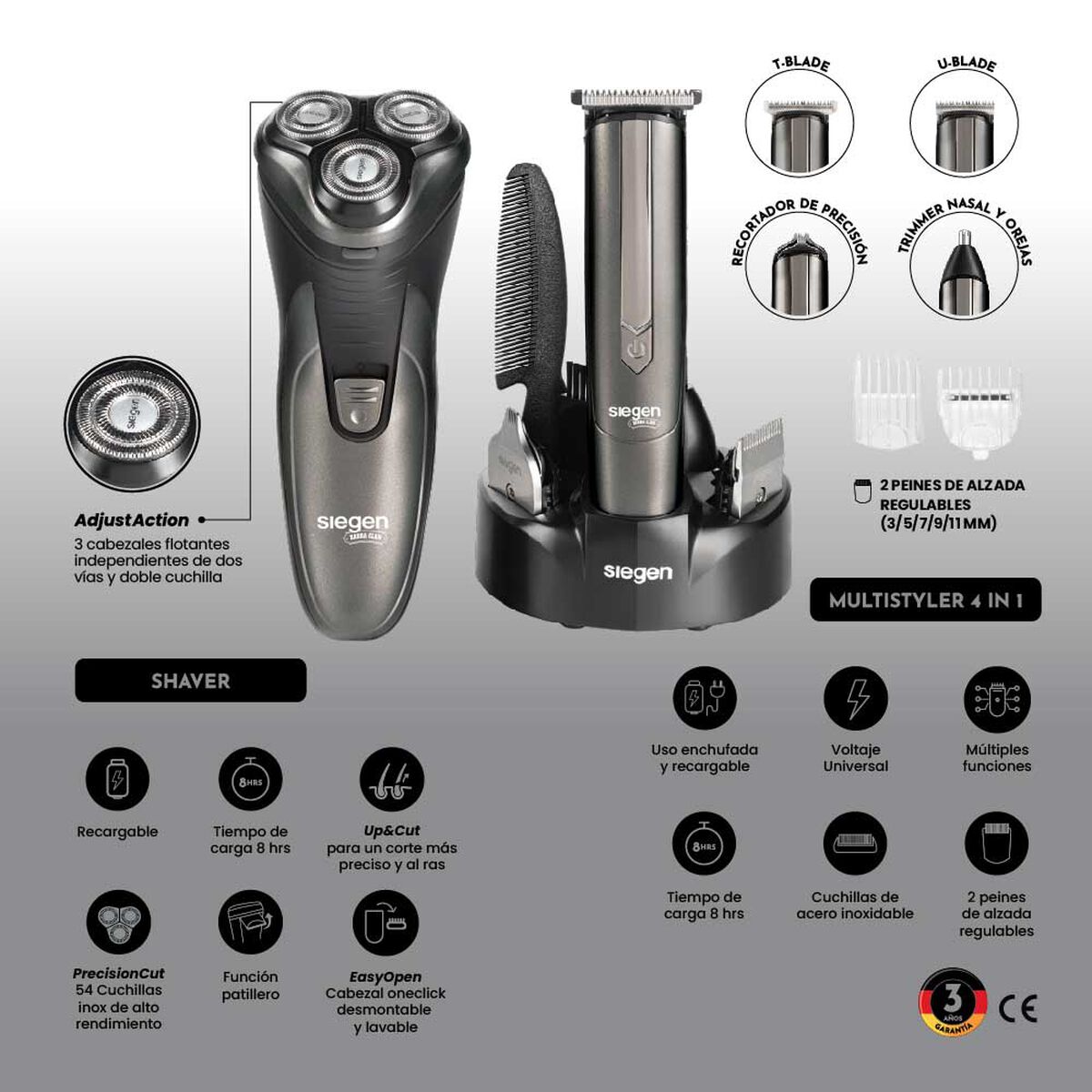 Set Cortapelos y Afeitadora Siegen SG-8440C01 4 en 1