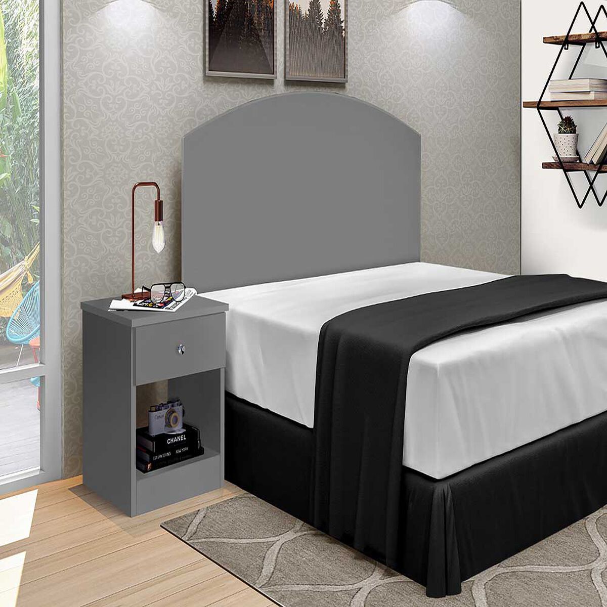 Combo Cama Europea Rosen 1,5 Plazas Wave + Respaldo + Velador Casanova 1,5 Plazas Gris