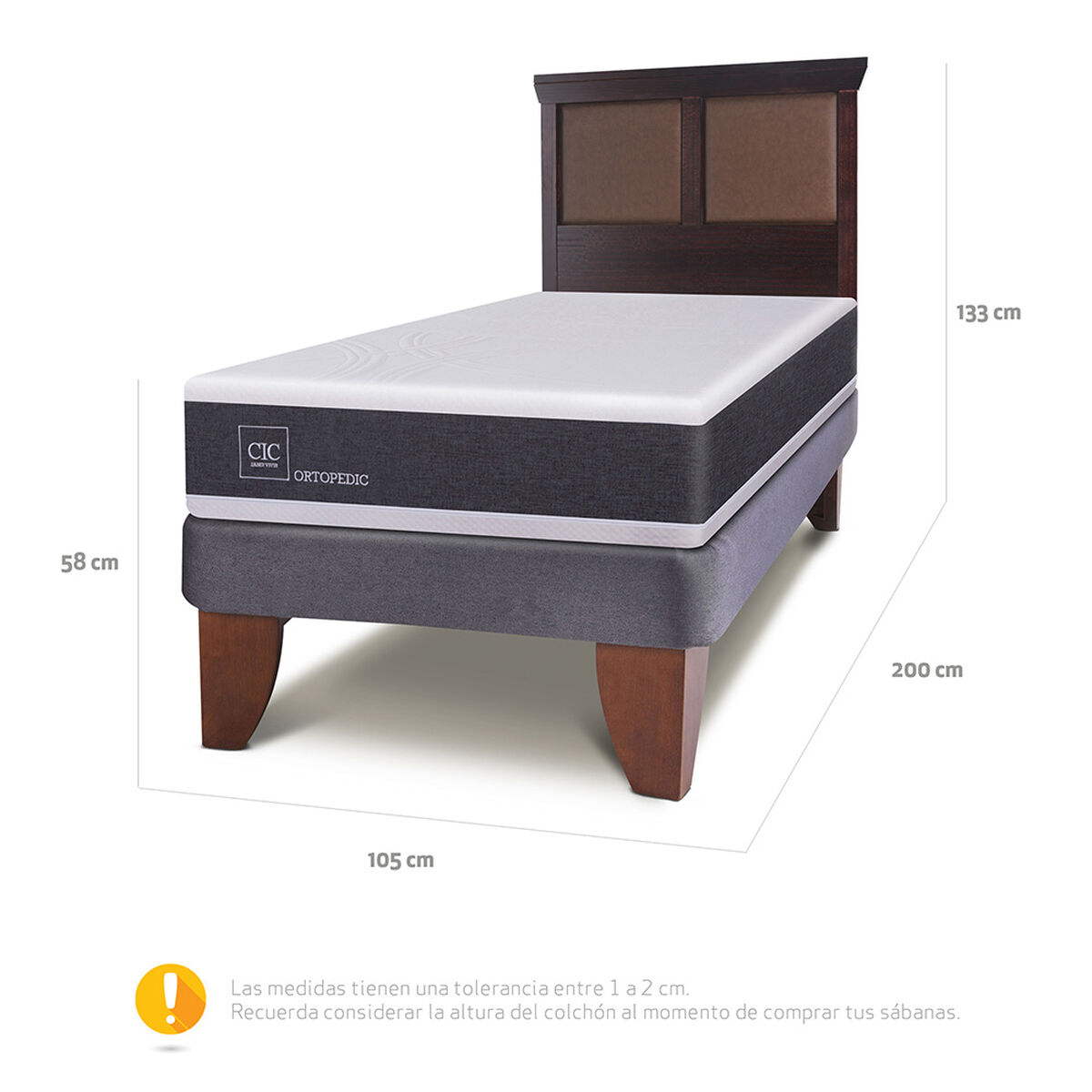 Cama Europea CIC 1,5 Plazas New Ortopedic + Respaldo New Torino Chocolate