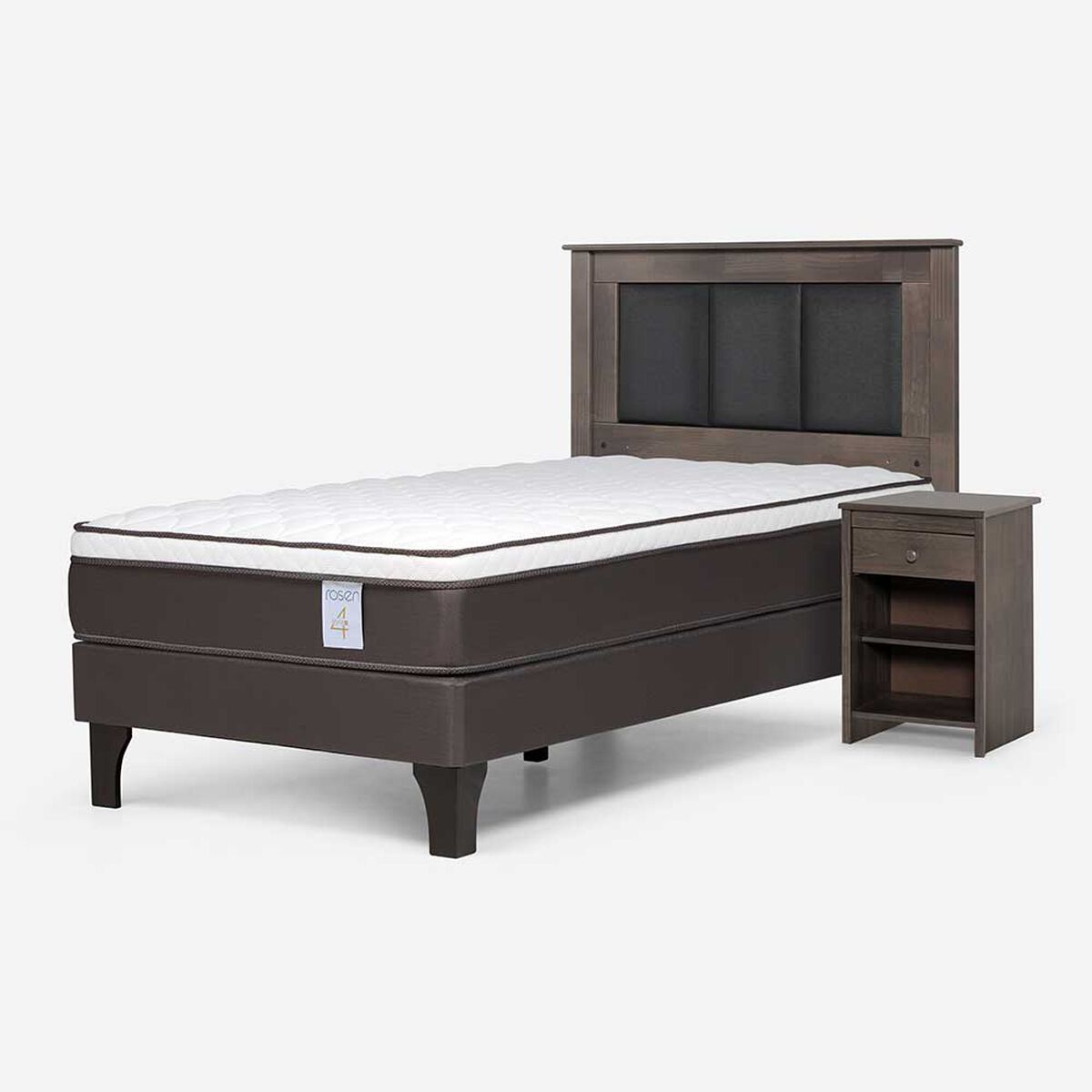 Cama Europea Rosen 1 Plaza New Style 4 Plus + Respaldo Rachel Gris + Velador