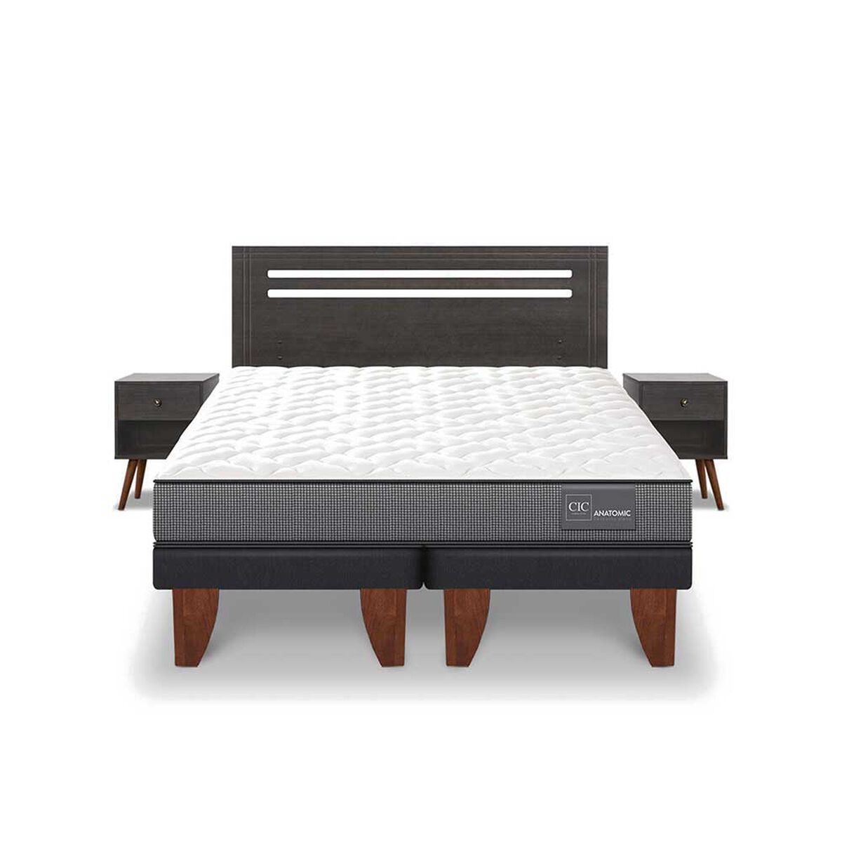 Cama Europea CIC Base Dividida 2 Plazas Anatomic + Respaldo + 2 Veladores Munich