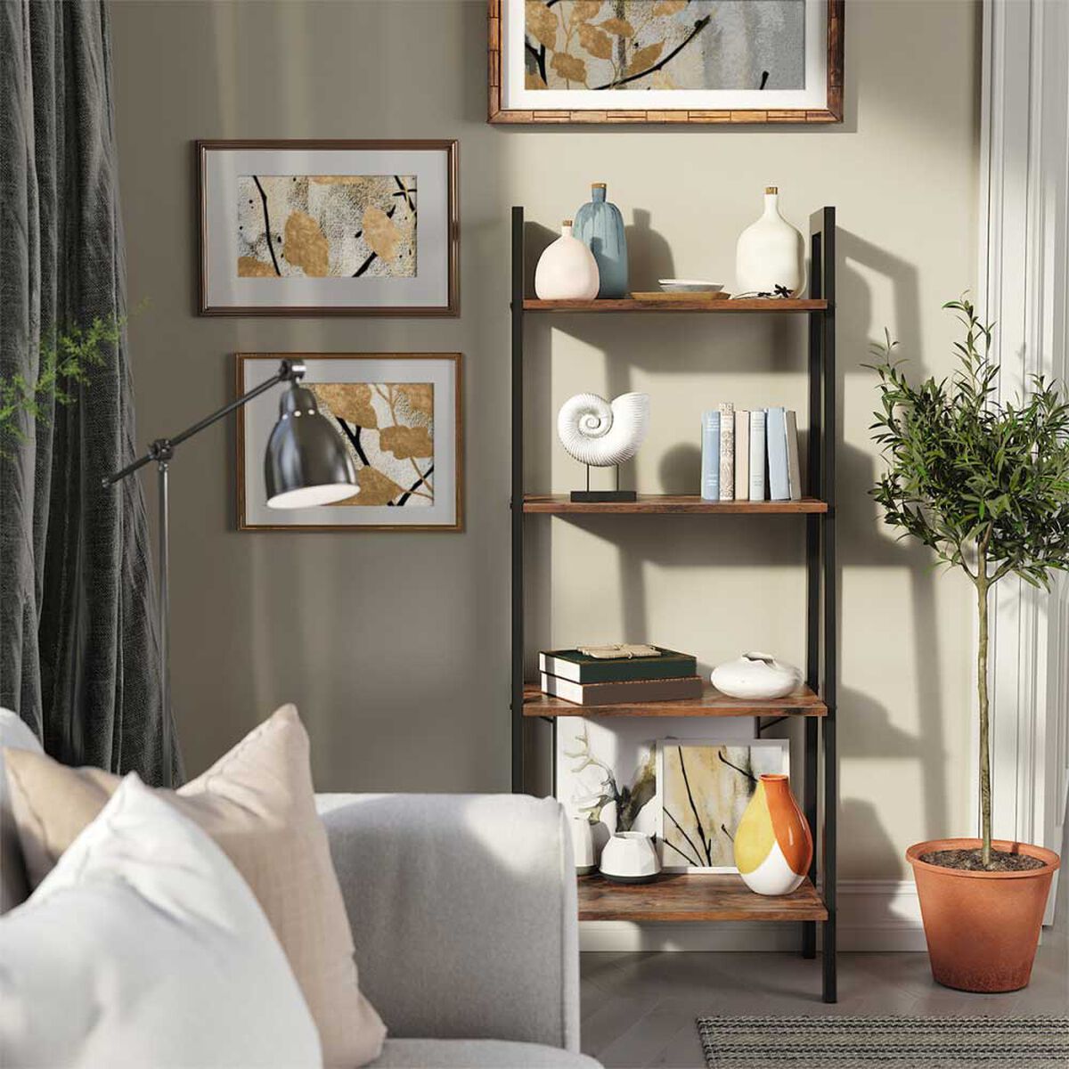 Repisa Escalera Fm Furniture Metalwood Colection Marrón Rústico