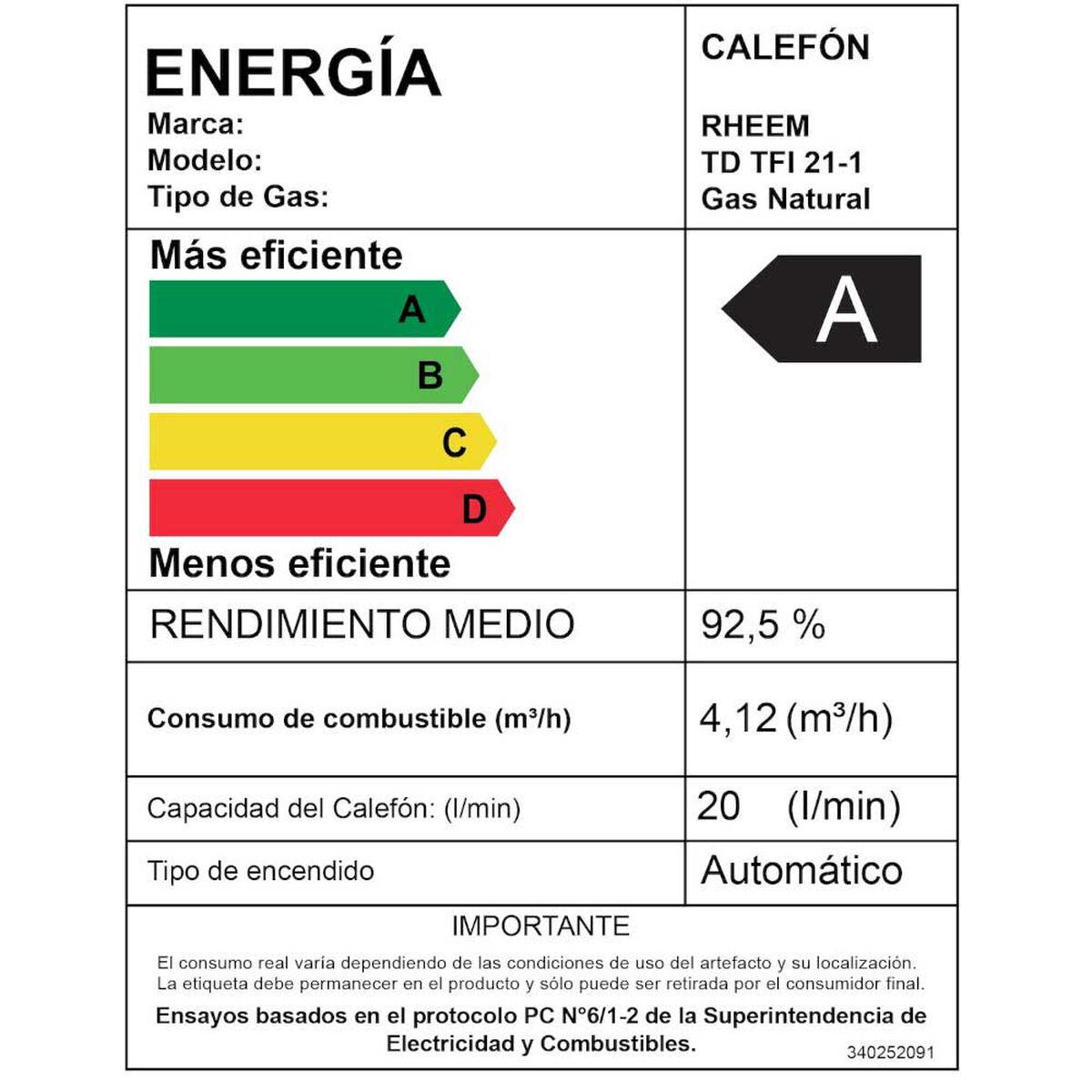 Calefont 21 litros Gas natural Tiro forzado Rheem