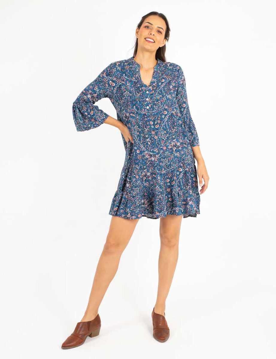 Vestido Corto Estampado Manga 3/4 Campana Botones Mujer Alma
