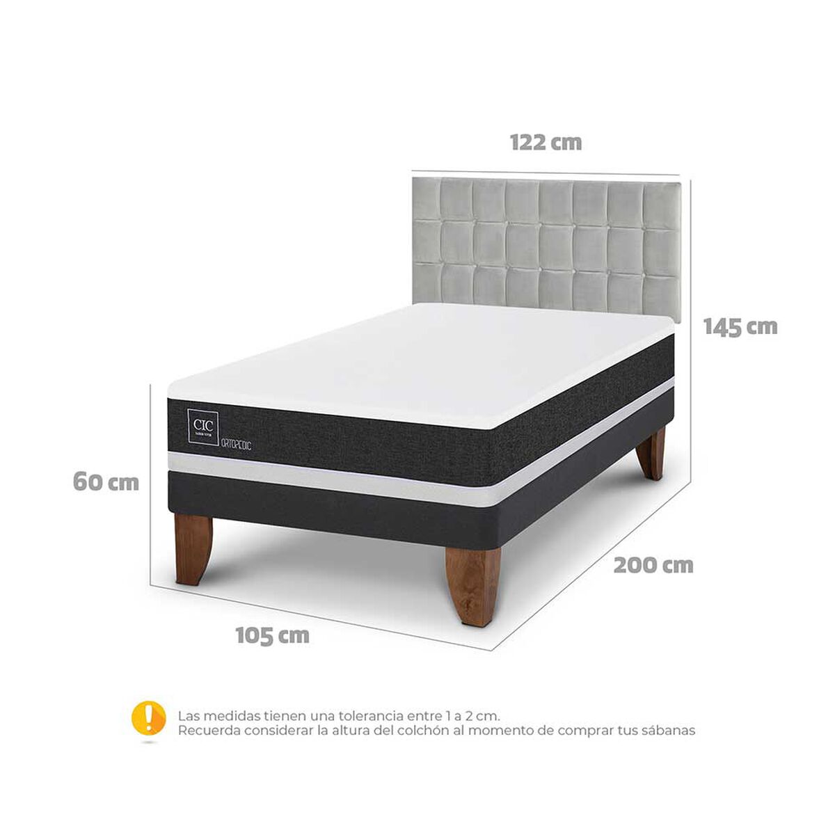 Cama Europea CIC 1,5 Plazas Ortopedic + Respaldo Sile