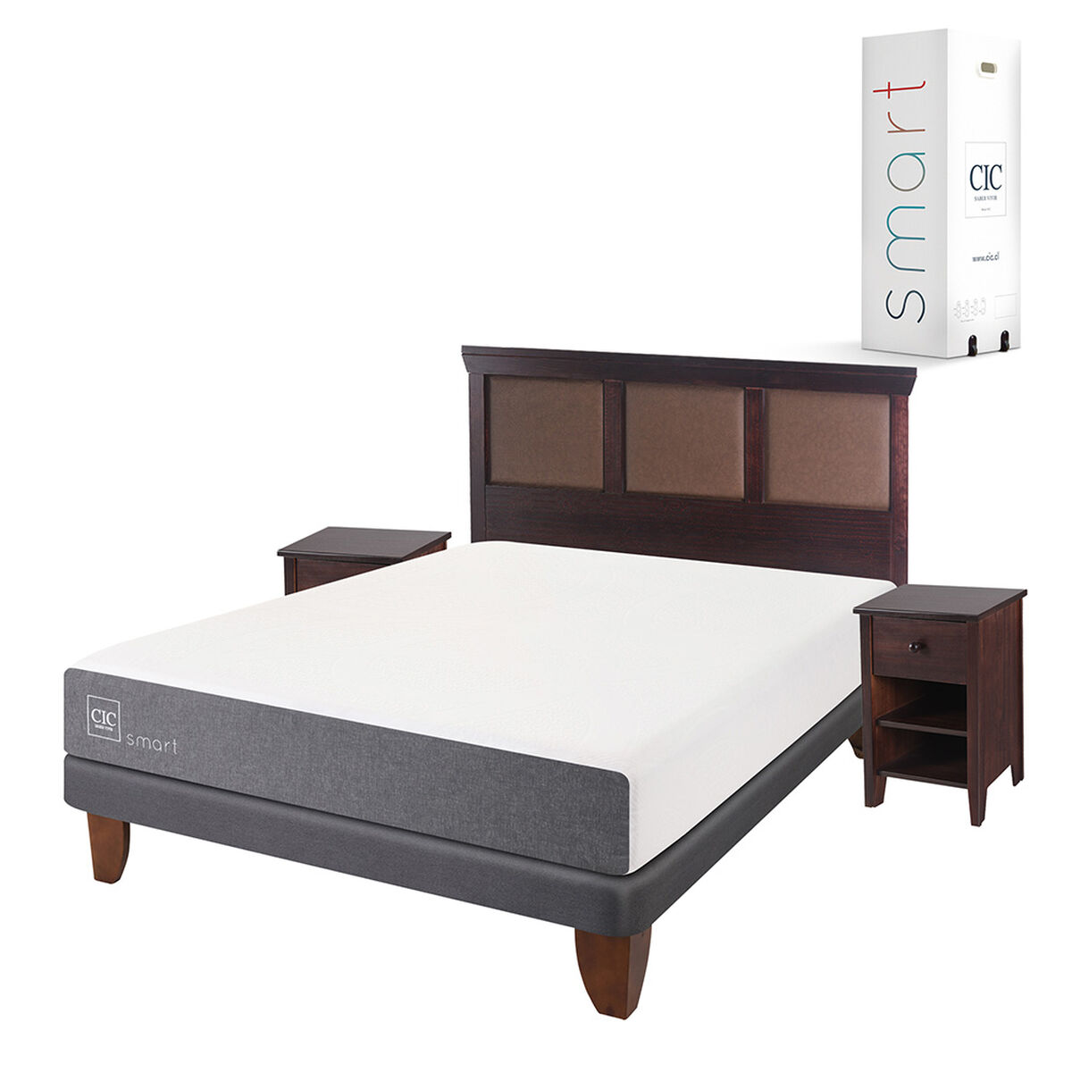 Cama Europea CIC 2 Plazas Smart + Respaldo + 2 Veladores New Torino Chocolate