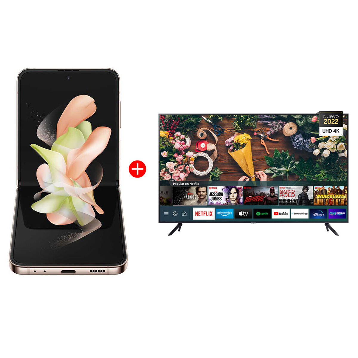 Combo Celular Samsung Galaxy Z Flip4 5G 256GB Pink Gold Liberado + LED 55" UN55AU7090 Smart TV 4K Ultra HD 2022