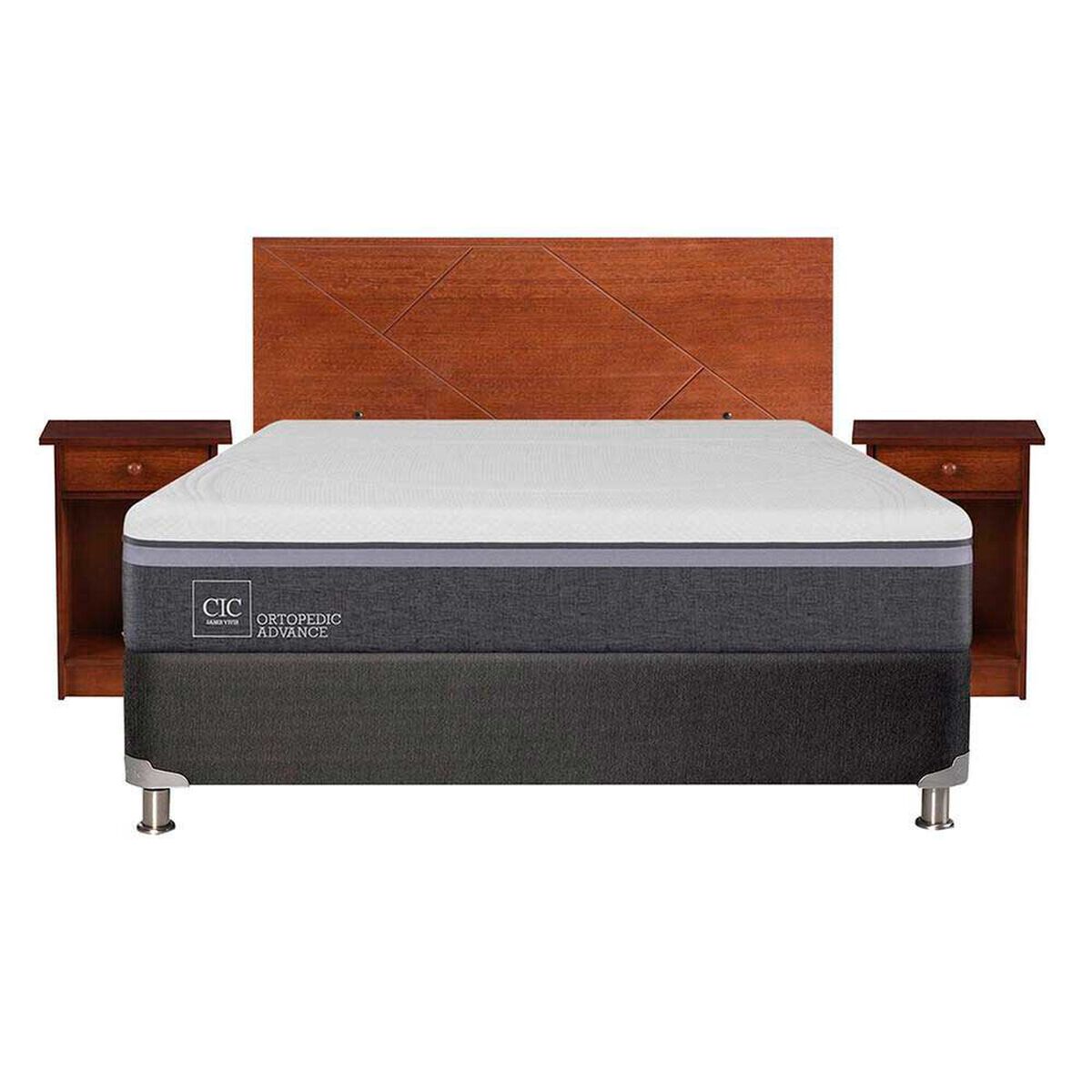Box Spring CIC 2 Plazas Ortopedic Advance + Respaldo + 2 Veladores New Villarrica