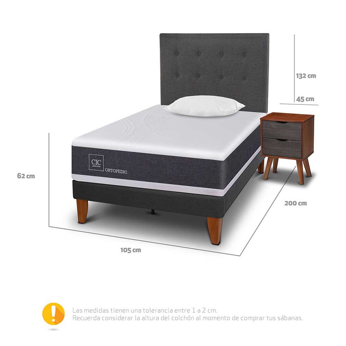 Cama Europea CIC 1,5 Plazas New Ortopedic + Respaldo Eufrates + Velador + Almohada Viscoel&aacute;stica