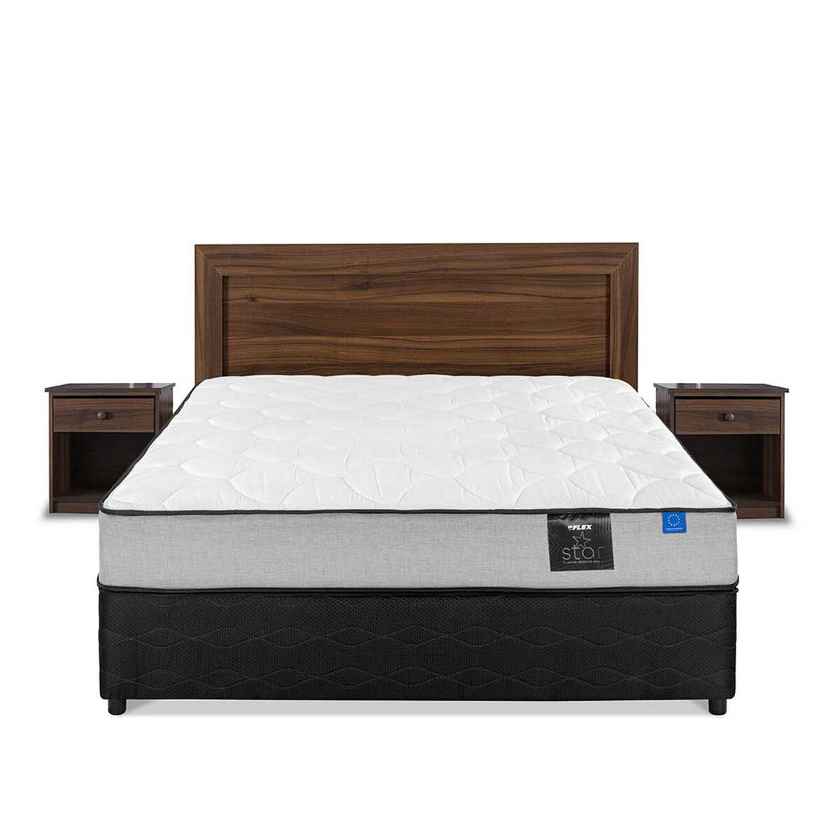Cama Americana Flex Base Dividida 2 Plazas Star + Respaldo + 2 Veladores Asturias