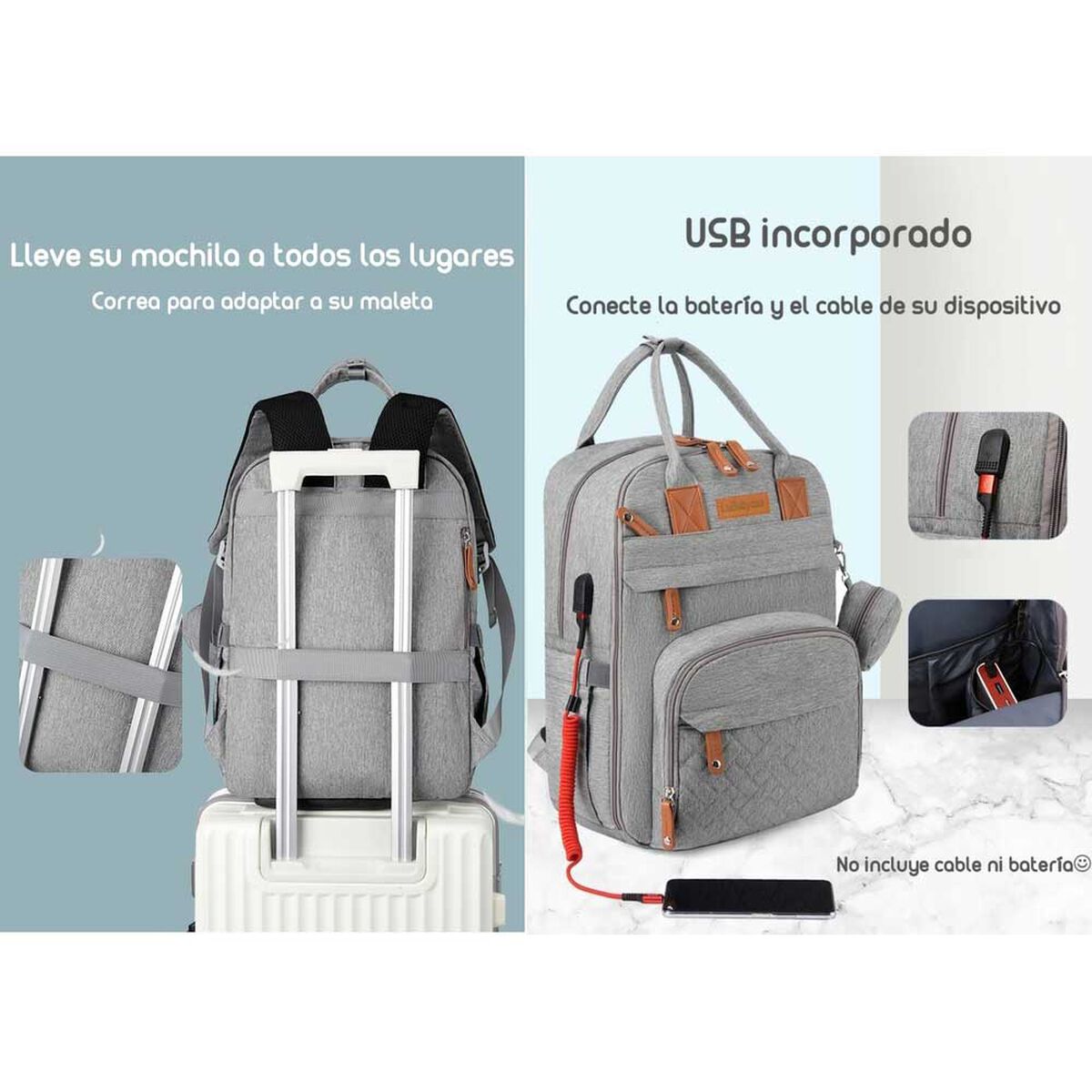 Mochila Maternal con Monedero y Colgador Lubabycas Gris