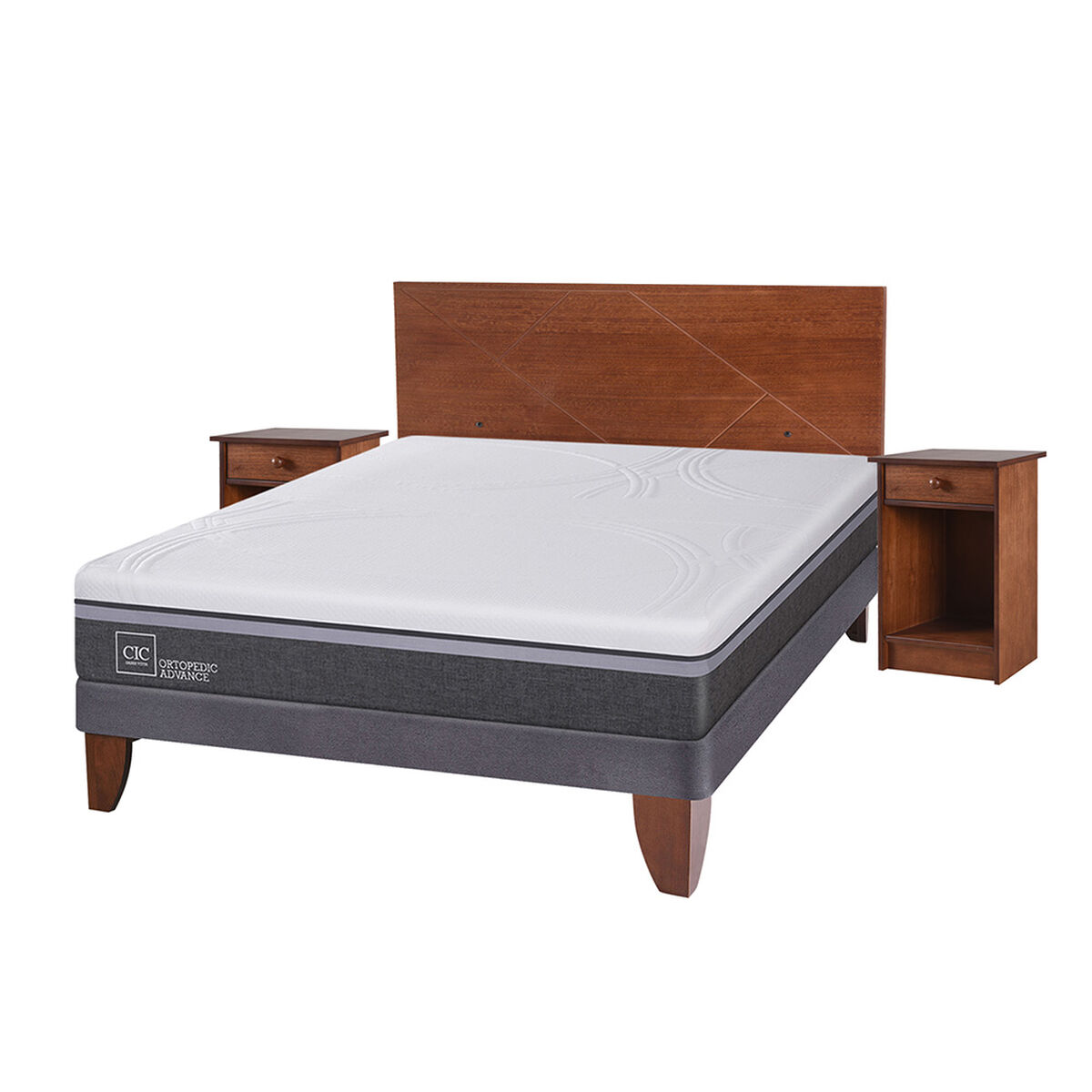 Cama Europea CIC 2 Plazas Ortopedic Advance + Respaldo + 2 Veladores New Villarrica