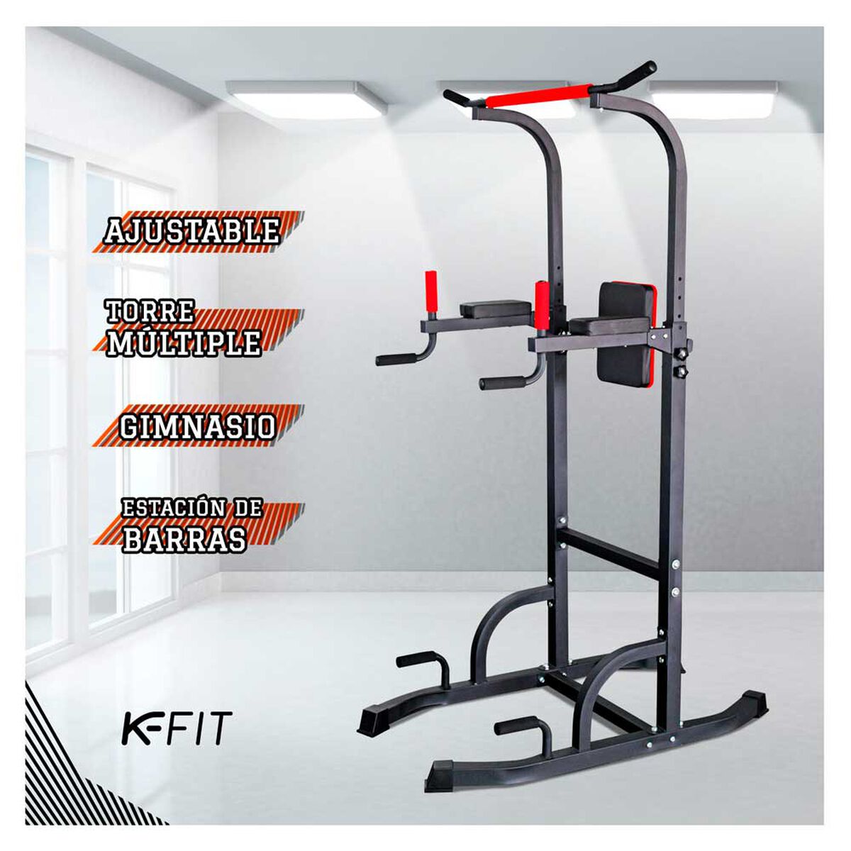 Torre Multifuncional de Ejercicios Fitness K-FIT + Set de Mancuernas K-FIT con Barra Ajustable 20Kg