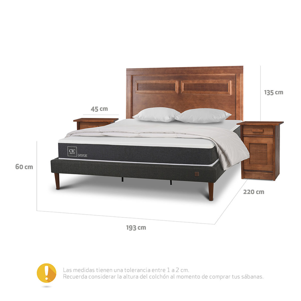 Cama Europea CIC King New Ortopedic + Respaldo Mil&aacute;n + 2 Veladores + Almohadas + Plum&oacute;n Pluma