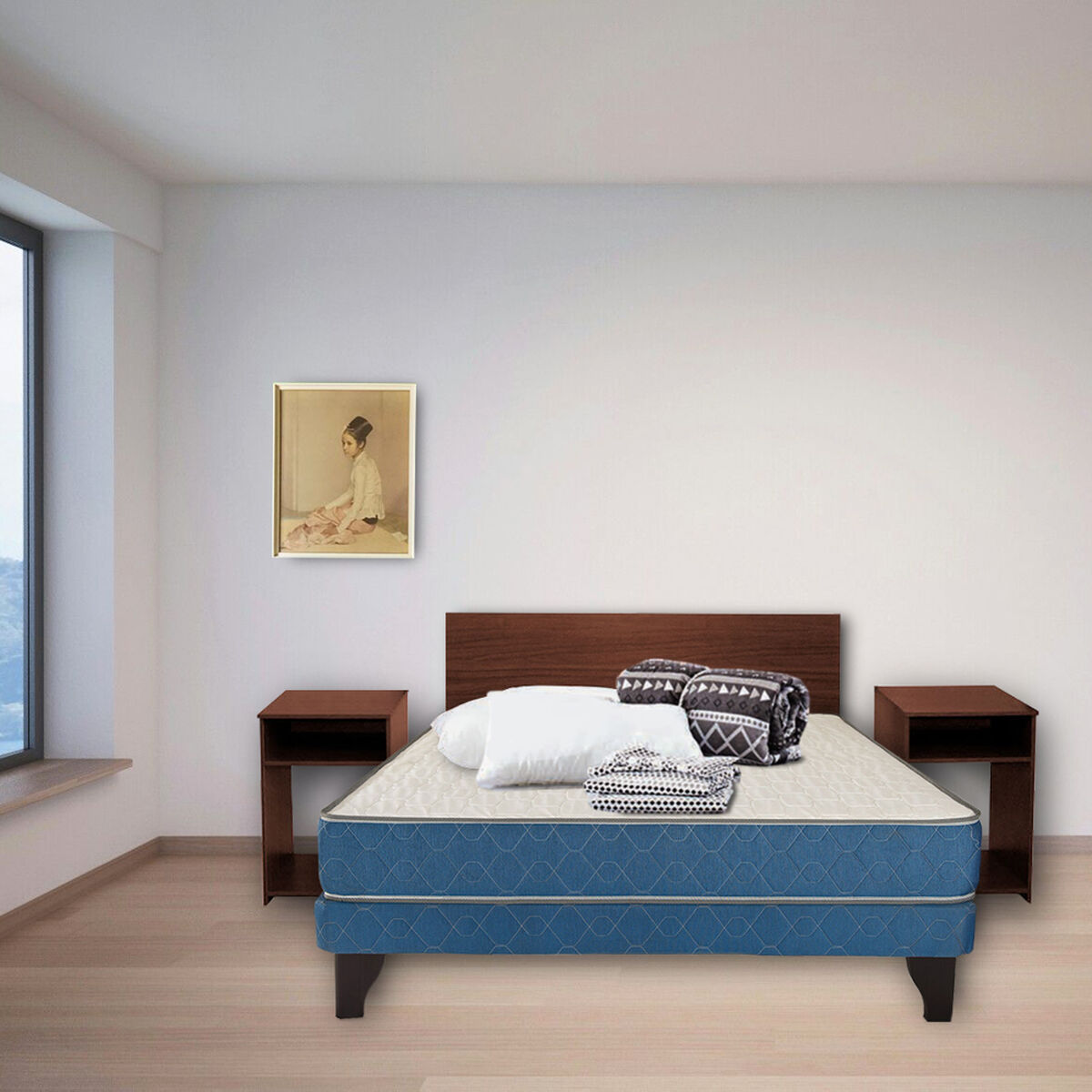 Combo Cama Flex XS Full Matrimonial + Set Textiles + Sábanas + Almohadas + Set Maderas Nogal