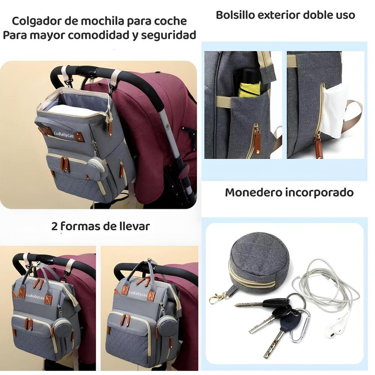 Mochila Maternal Lubabycas Impermeable con Accesorios Gris
