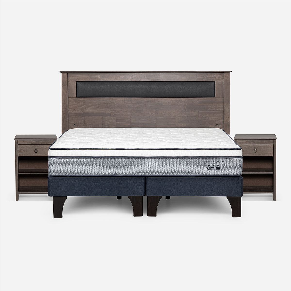 Combo Cama Europea Rosen 2 Plazas Indie BD + Respaldo y Veladores Ferrara