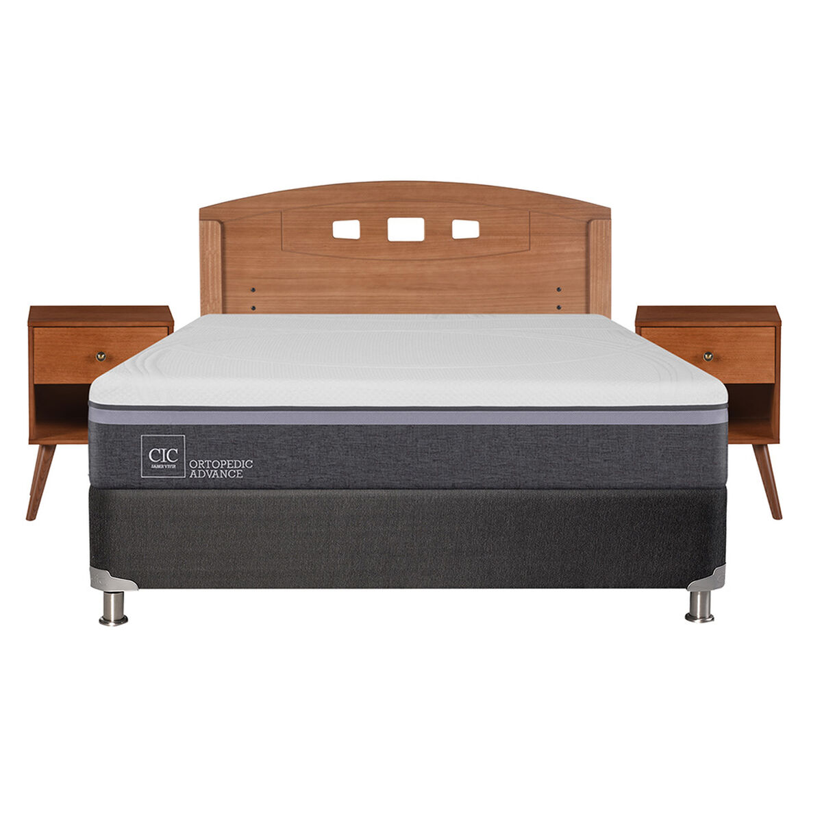 Box Spring CIC 2 Plazas Ortopedic Advance + Respaldo + 2 Veladores New Gales