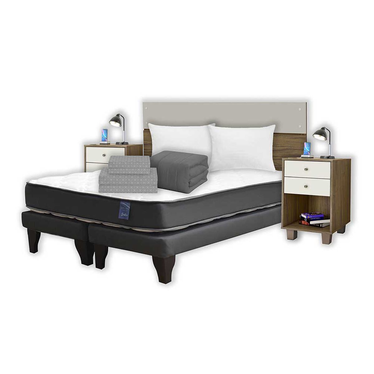 Combo Cama Europea Dreams Base Dividida 2 Plazas Dublin + Respaldo + 2 Veladores Casanova + Set Textiles + Pack 2 Almohadas