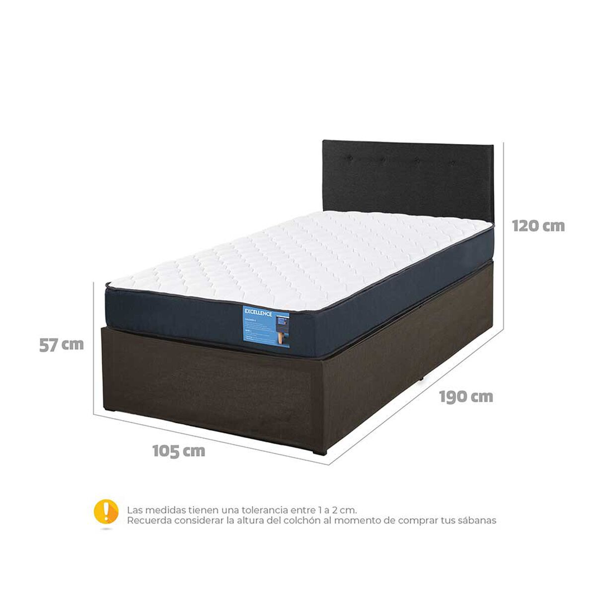 Cama Europea CIC Iron Smart 1,5 Plazas Excellence + Respaldo Black Tapizado + Faldón