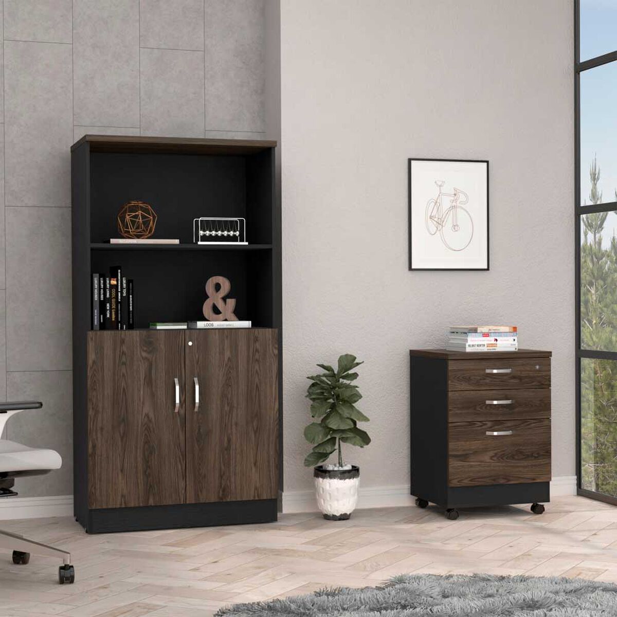 Combo Archivador 3 Cajones + Biblioteca 2 Puertas TuHome Home Office Negro Soft-Coñac