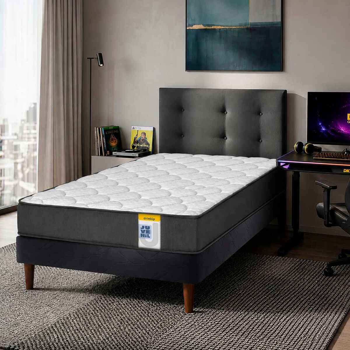 Cama Europea Drimkip 1,5 Plazas Box Juvenil + Respaldo Royal