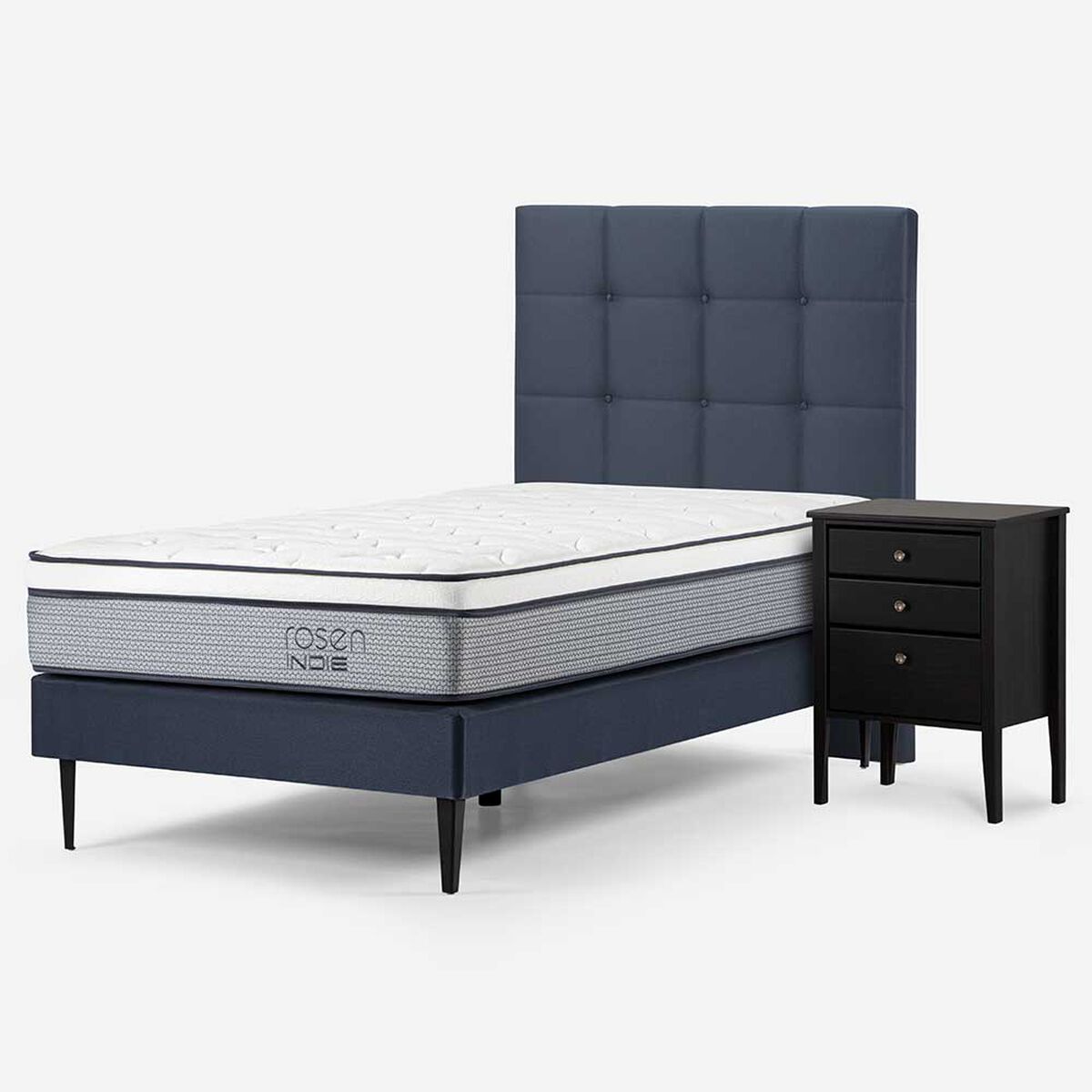 Cama Europea Rosen 1,5 Plazas Indie + Respaldo + Velador Issey Azul