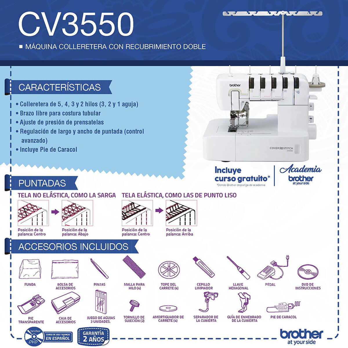 Máquina Colletera Brother CV3550 con Recubierto Doble
