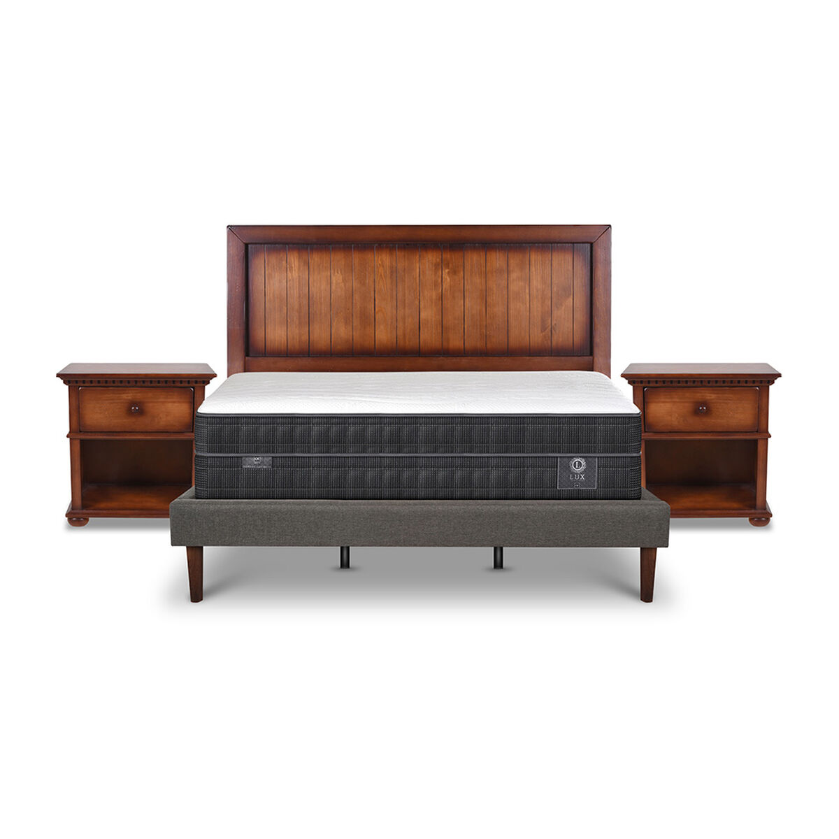 Cama Europea CIC King Curve Lux + Respaldo + 2 Veladores Monterrey