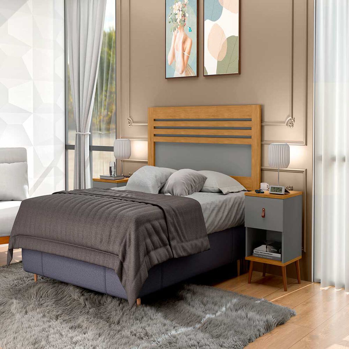 Combo Cama Europea Rosen Base Dividida 2 Plazas New Style 6 + Respaldo + 2 Veladores Casanova 2 Plazas Naturale Gris