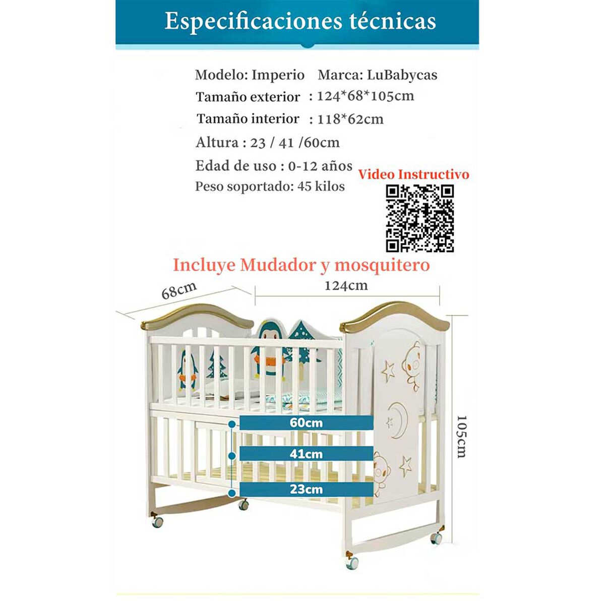 Cuna Colecho Madera con Mudador Mosquitero Lubabycas Rosada