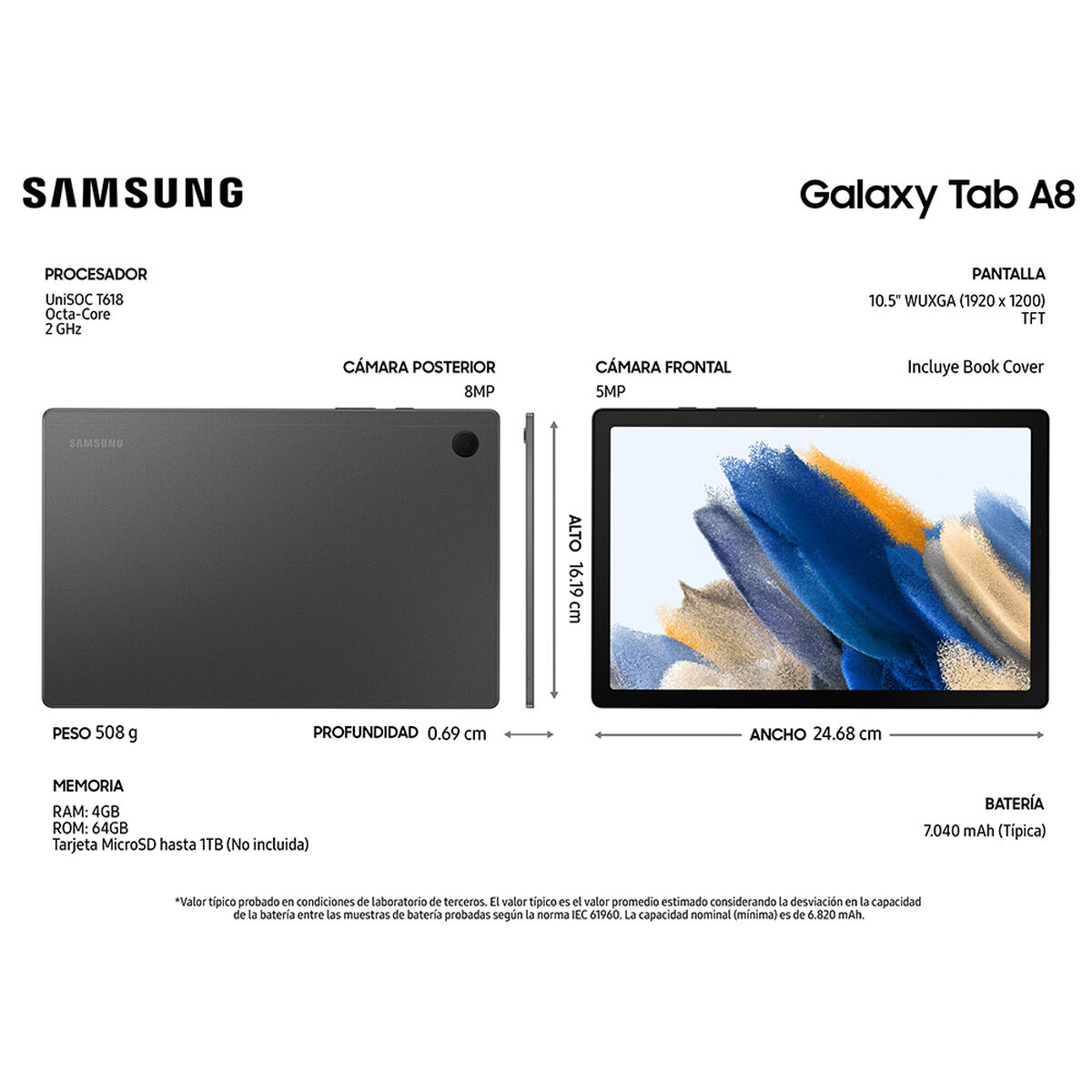 Tablet Samsung SM-X200 Galaxy TAB A8 Octa Core 4GB 64GB 10,5" Gris + Cover