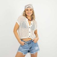 Blusa Crochet Manga Corta Mujer Icono Blanco, Naranjo, Negro