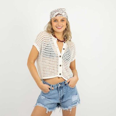 Blusa Crochet Manga Corta Mujer Icono