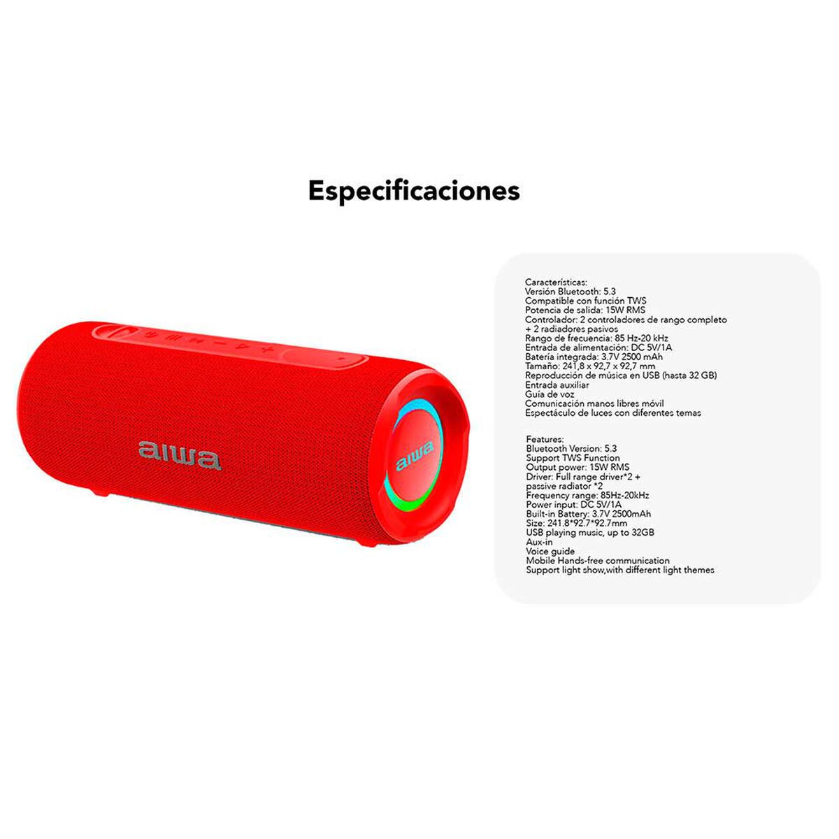 Parlante Port&aacute;til Aiwa AW-Q260R 15W Bluetooth Rojo