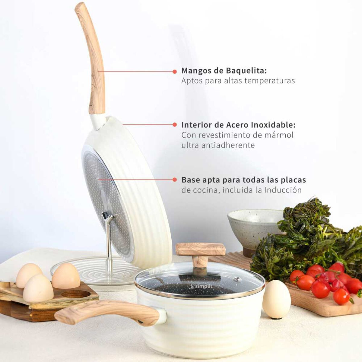 Batería de Cocina Aluminio Forjado Simplit 9 Piezas Crema + Set 12 Utensilios Calipso