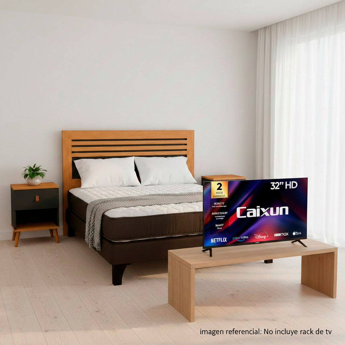 Combo Cama Europea Rosen 2 Plazas + Respaldo + Veladores + Pack Almohadas + Smart TV LED 32" Caixun HD