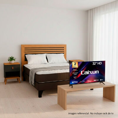 Combo Cama Europea Rosen 2 Plazas + Respaldo + Veladores + Pack Almohadas + Smart TV LED 32" Caixun HD