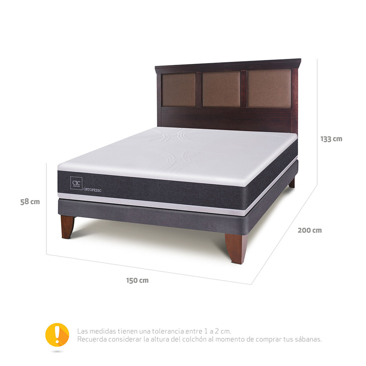 Cama Europea CIC 2 Plazas New Ortopedic + Respaldo New Torino Chocolate