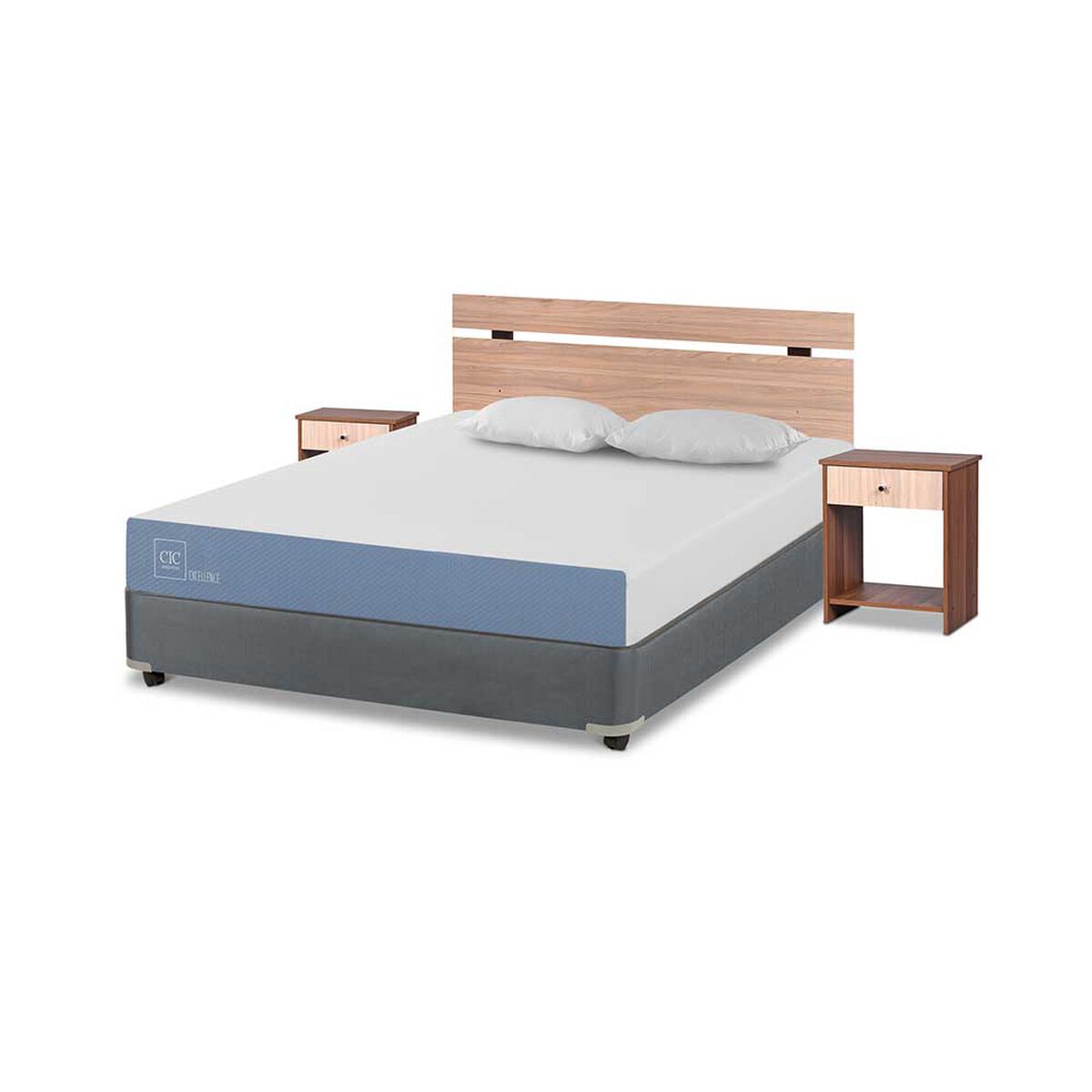 Cama Americana CIC Full Excellence + Respaldo + 2 Veladores Olmo + Almohadas