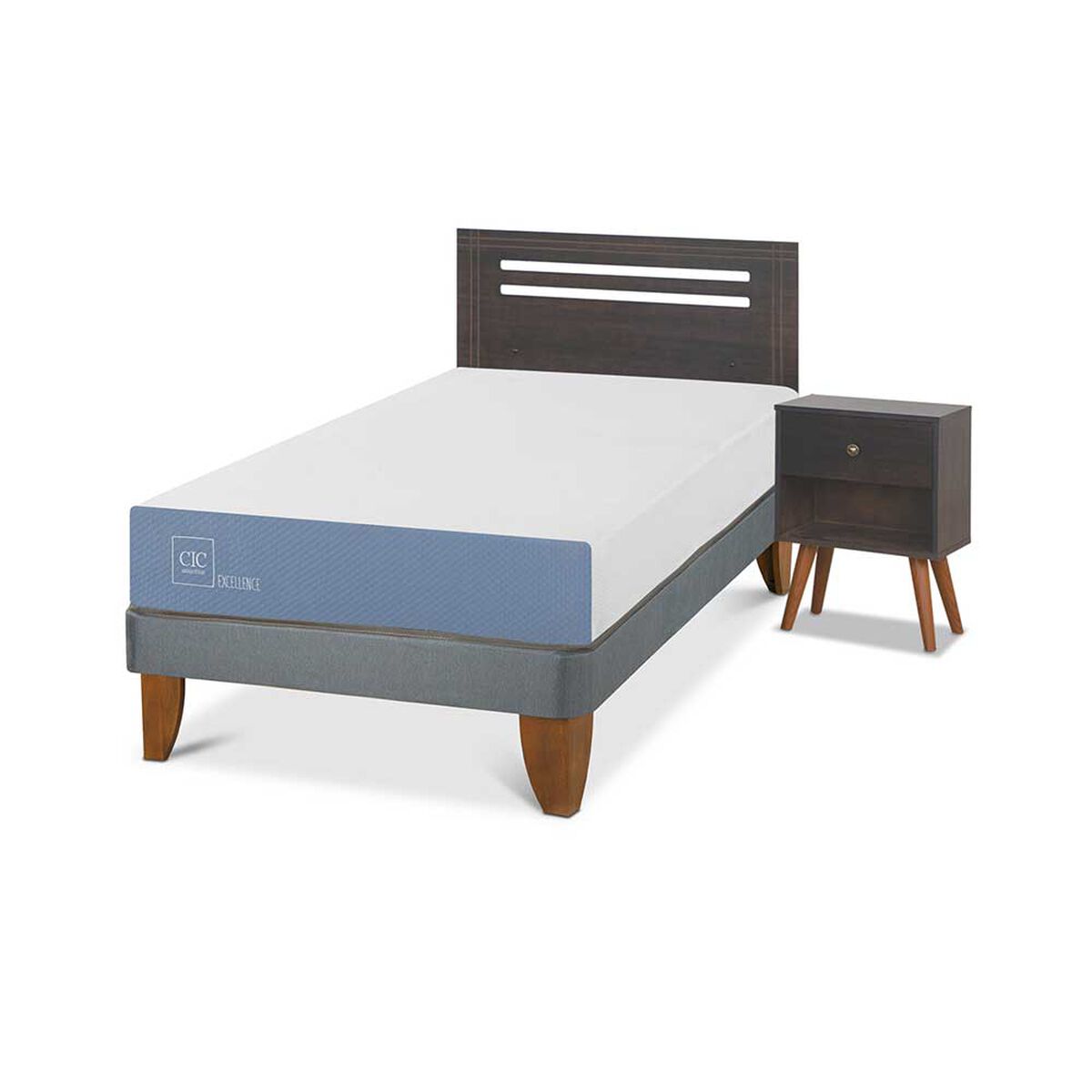 Cama Europea CIC 1,5 Plazas Excellence + Respaldo + Velador Munich