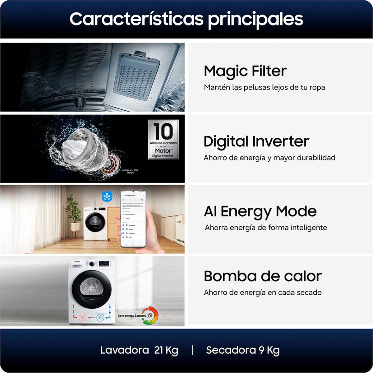 Lavadora Carga Superior Samsung 21 kg Bespoke AI + Secadora Bomba de Calor 9 kg