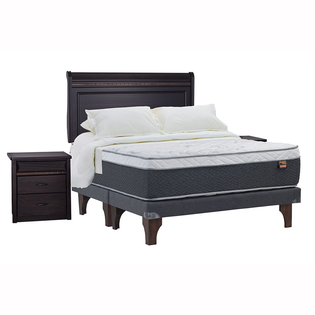 Cama Europea Celta Súper King Everest + Set Maderas Málaga + Textil + Almohadas  