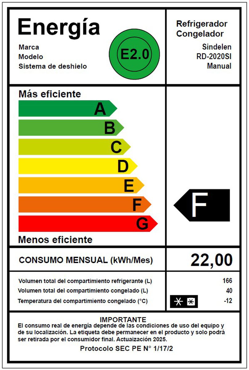 Refrigerador Fr&iacute;o Directo Sindelen RD-2020SI 206 lts.